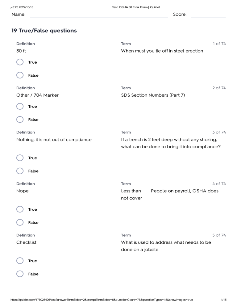 Test OSHA 30 Final Exam Quizlet