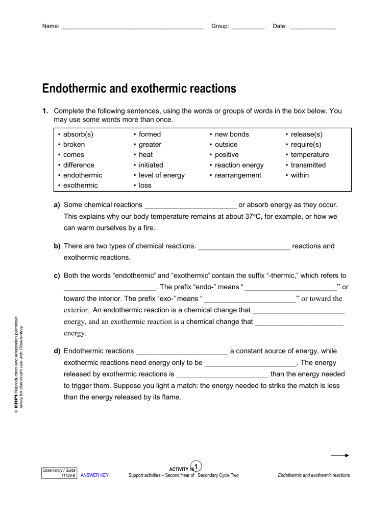 Exothermic And Endothermic Reactions Worksheet With Answers Pdf