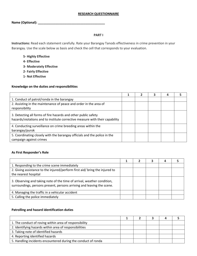 RESEARCH QUESTIONNAIRE