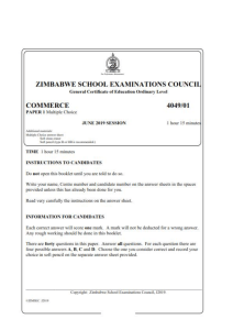 Zimsec O level Commerce June 2019 Past Exam Paper 1 with answers