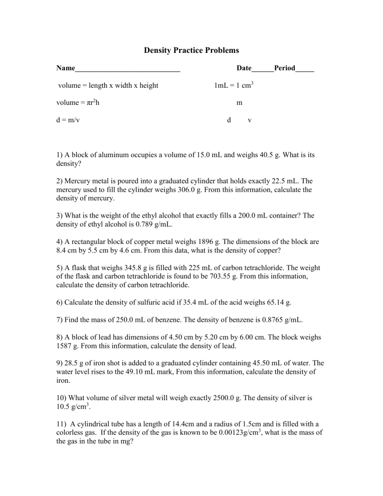 Density Practice Problems