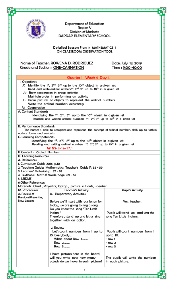DETAILED LESSON IN MATH 1 ORDINAL NUMBERS Q1