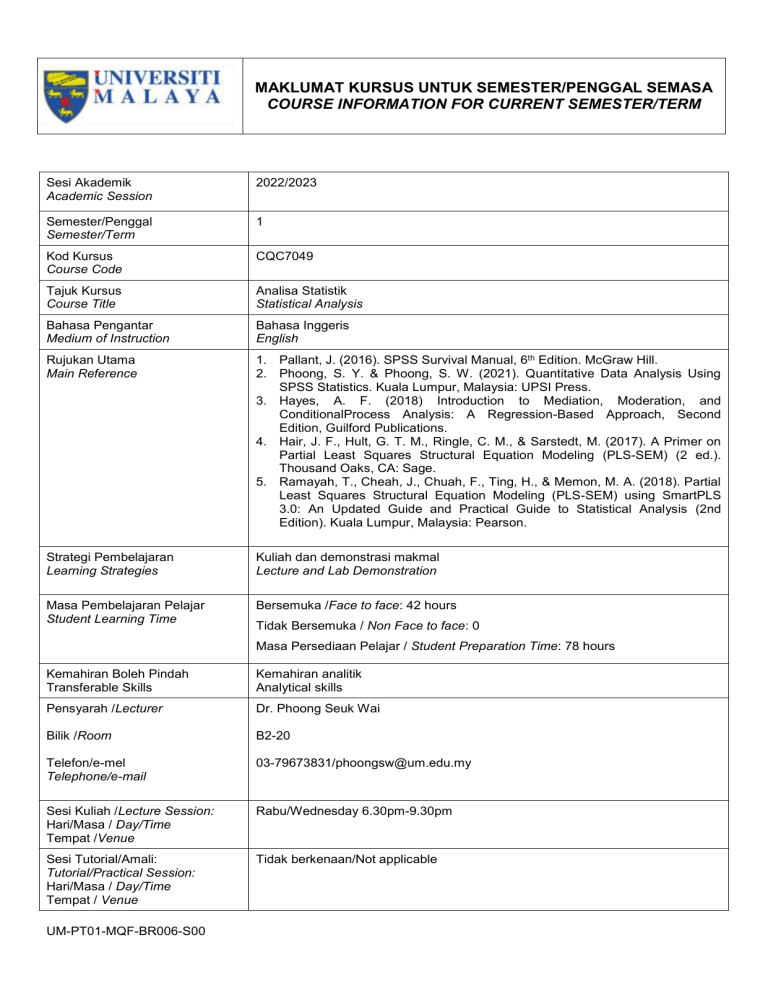 Course Information Sem 1 2022-2023 (Statistic Analysis)