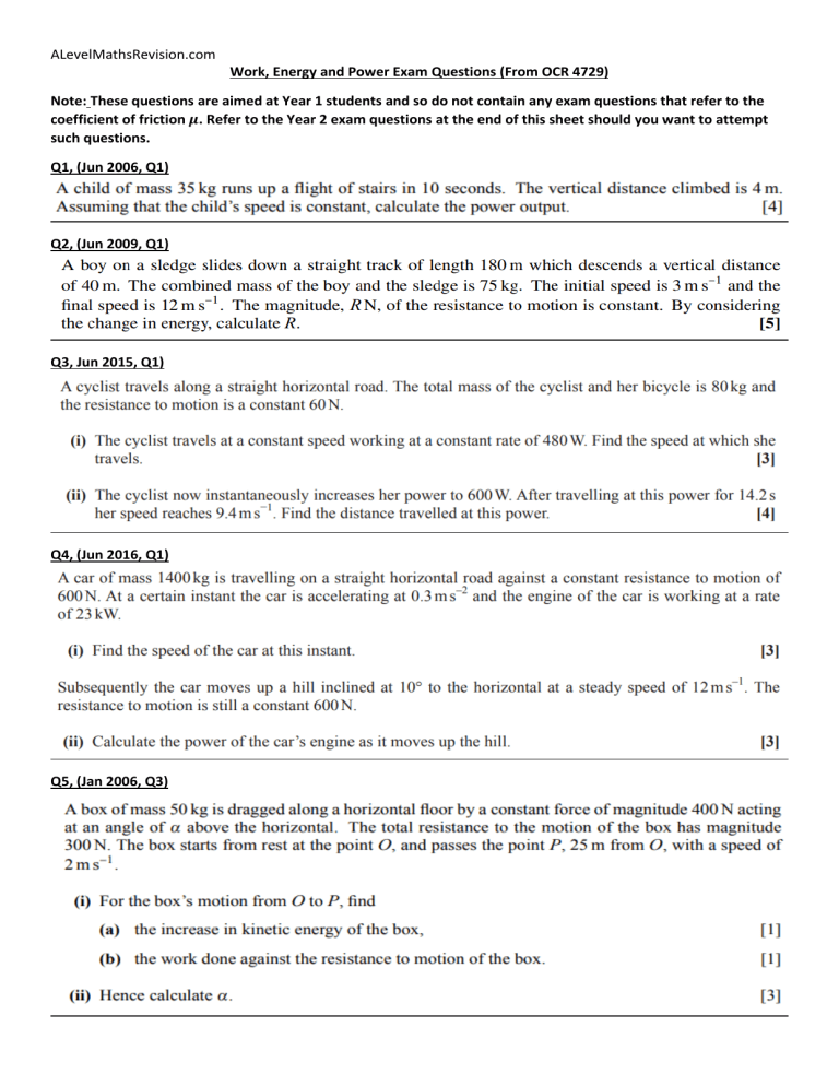 Work Energy And Power Exam Questions