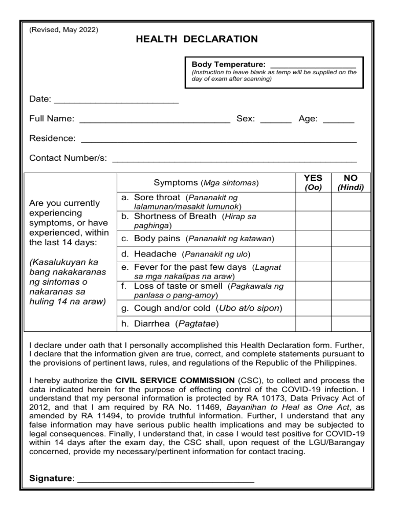 Copy of Health Declaration Form 2022 05 revised A5