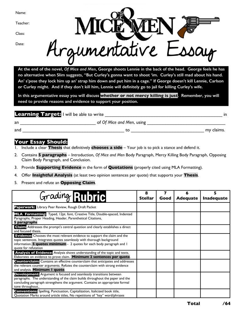 argumentative essay packet middle school