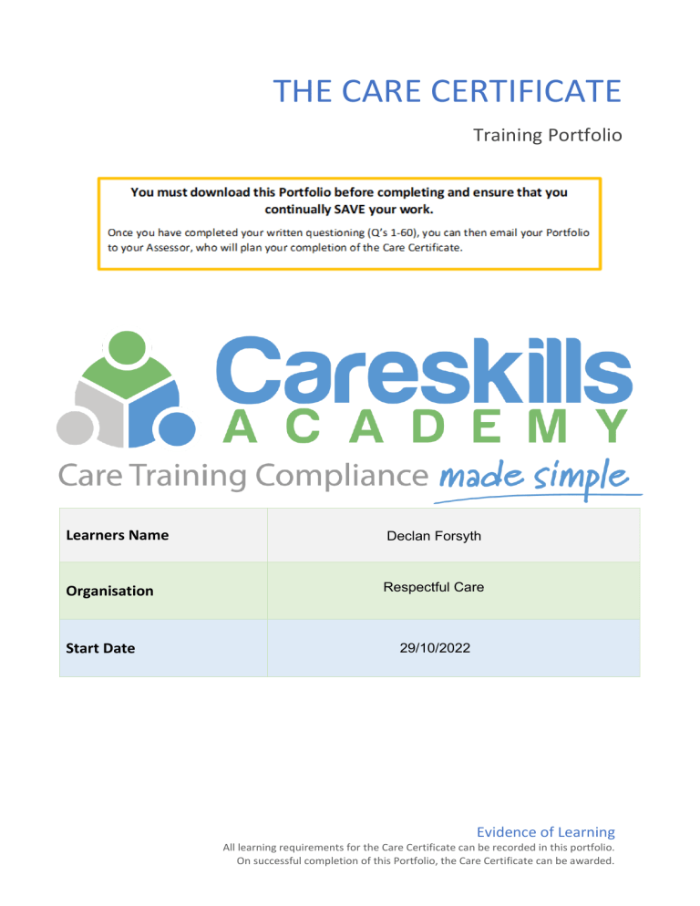 Care Certificate Learning Portfolio editable Parital Filled Out