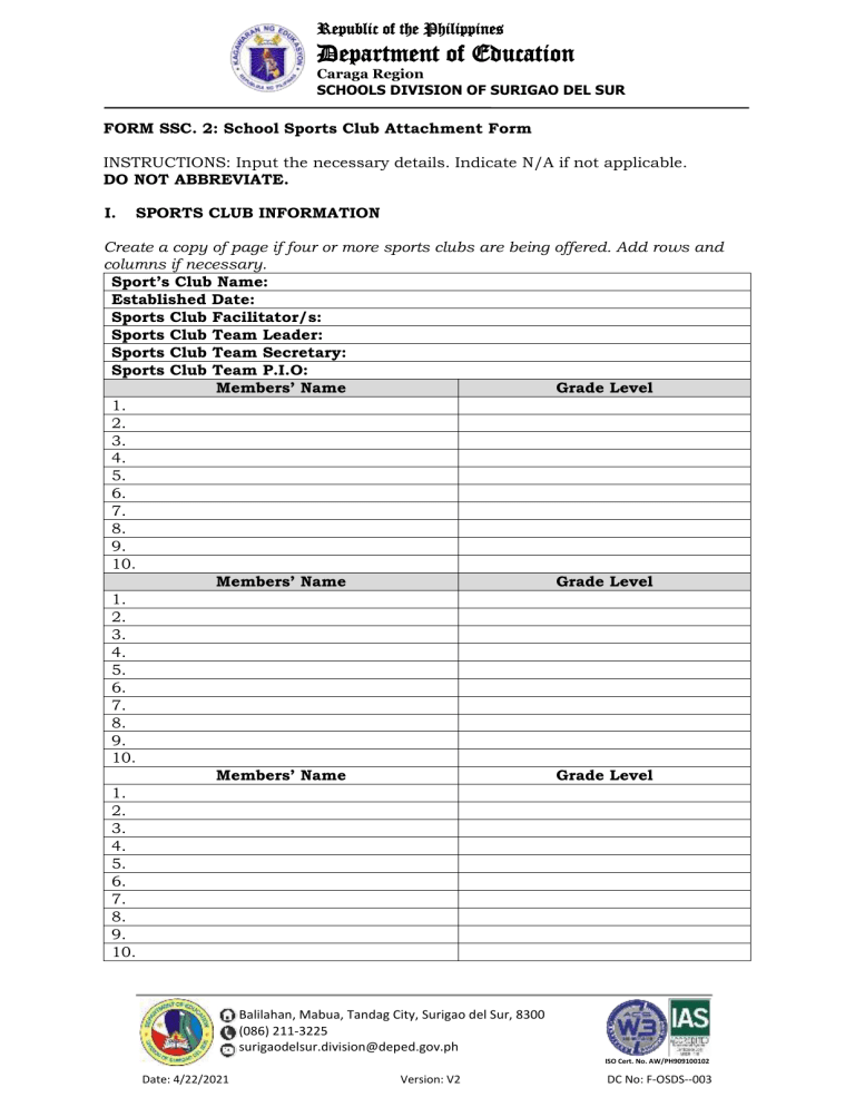 SCHOOL SPORTS CLUB REGISTRATION FORM