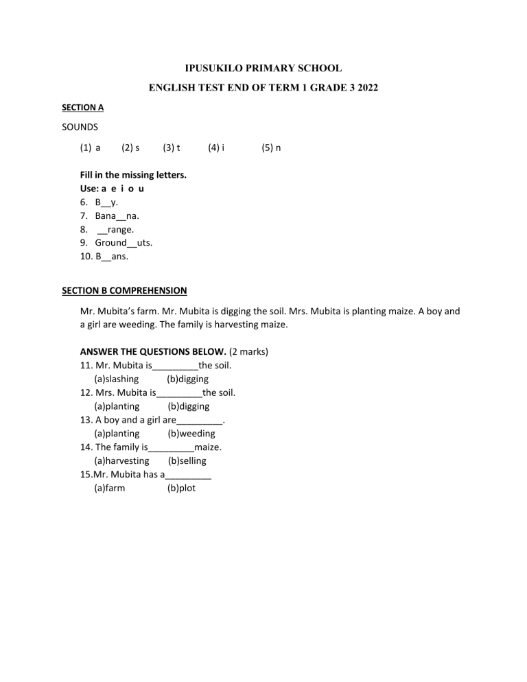 ENGLISH TEST GRADE 3