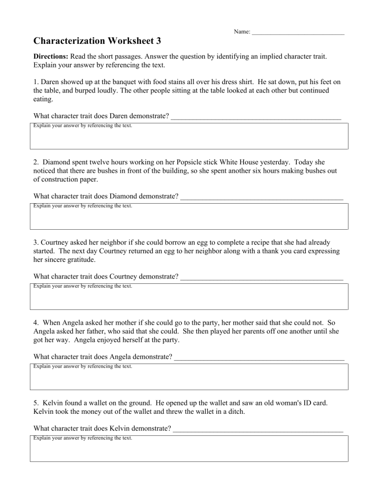 Characterization 3 characterization worksheet 3