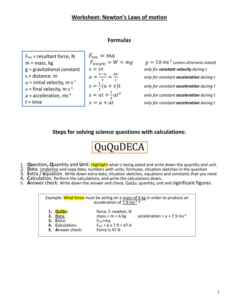 Worksheet Newton s Laws Of Motion