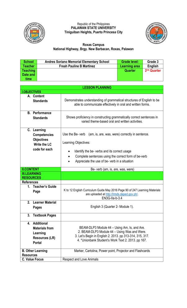 Be Verb Detailed lesson plan