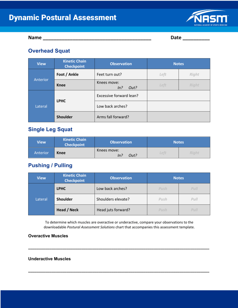 NASM dynamicposture assessment template