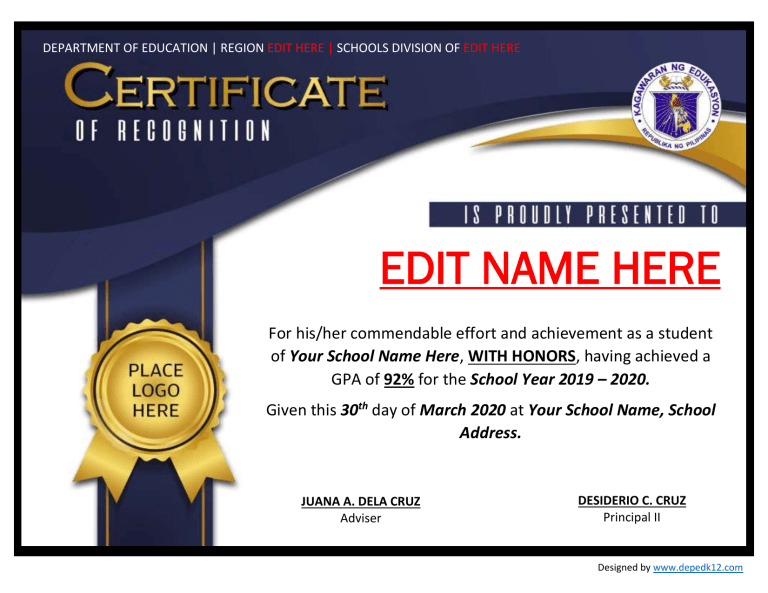 CERTIFICATE OF RECOGNITION HONORS 