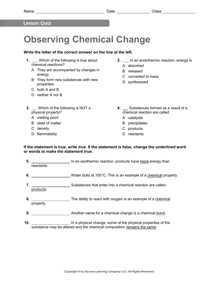  Observing Chemical Change Lesson Quiz