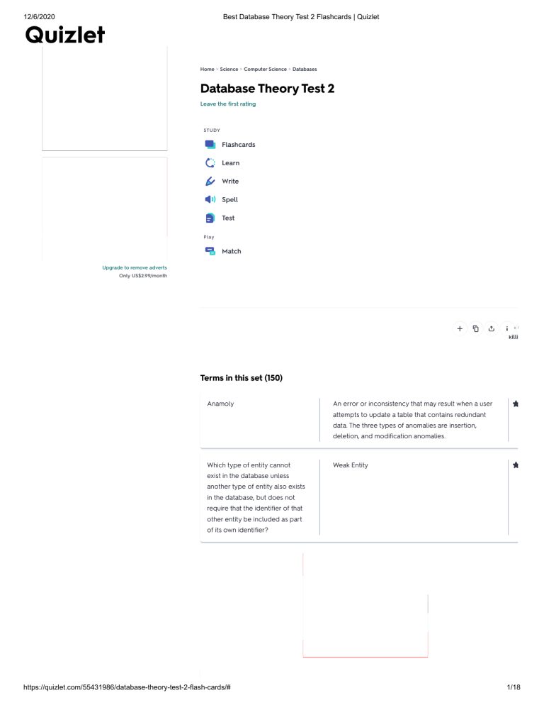 Best Database Theory Test 2 Flashcards Quizlet