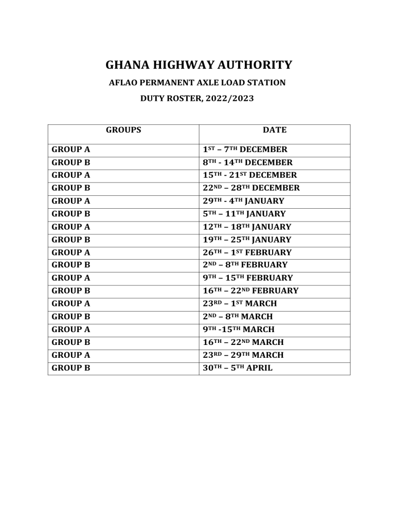 Duty roster schedule