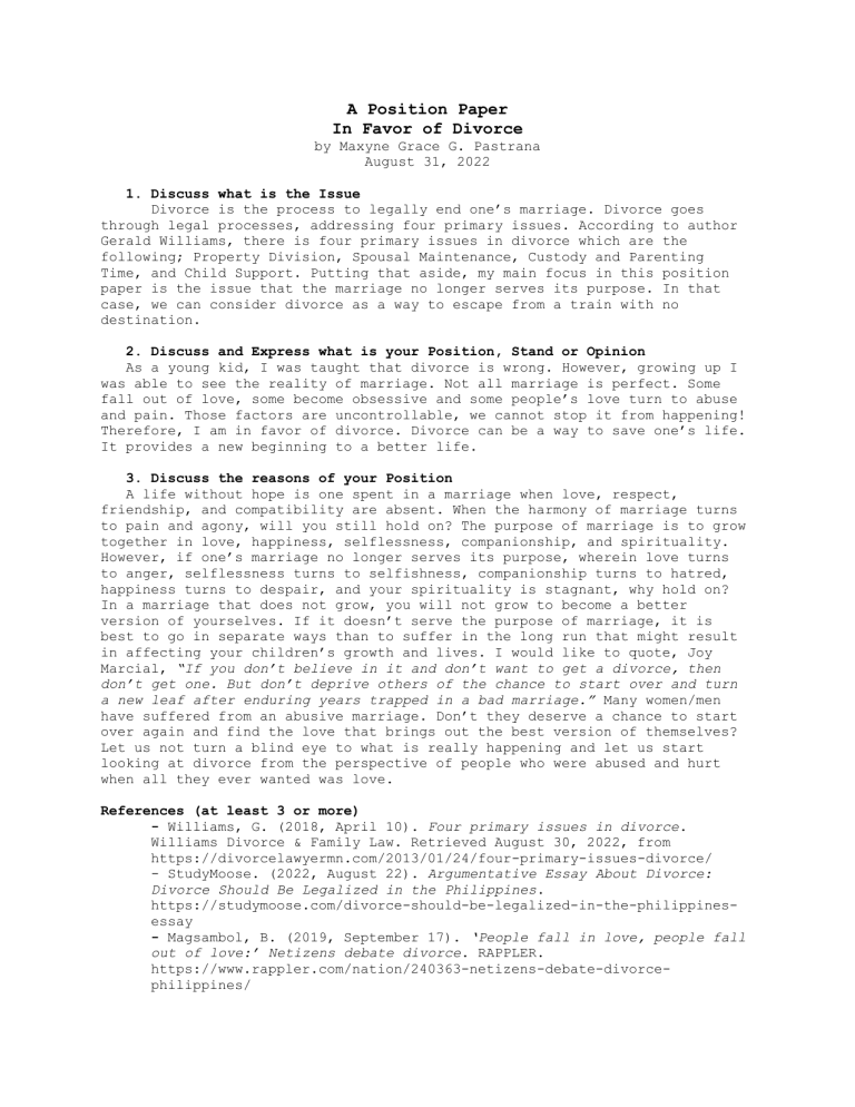 Position Paper In Favor Of Divorce