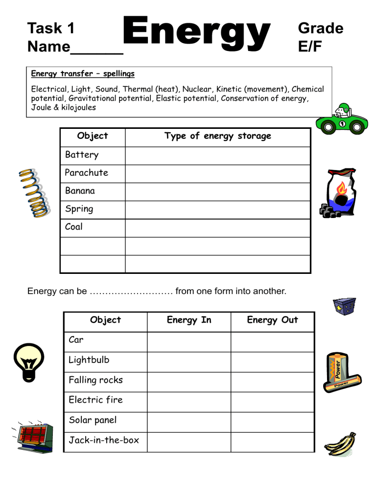 Energy Transfers Worksheet Task 1