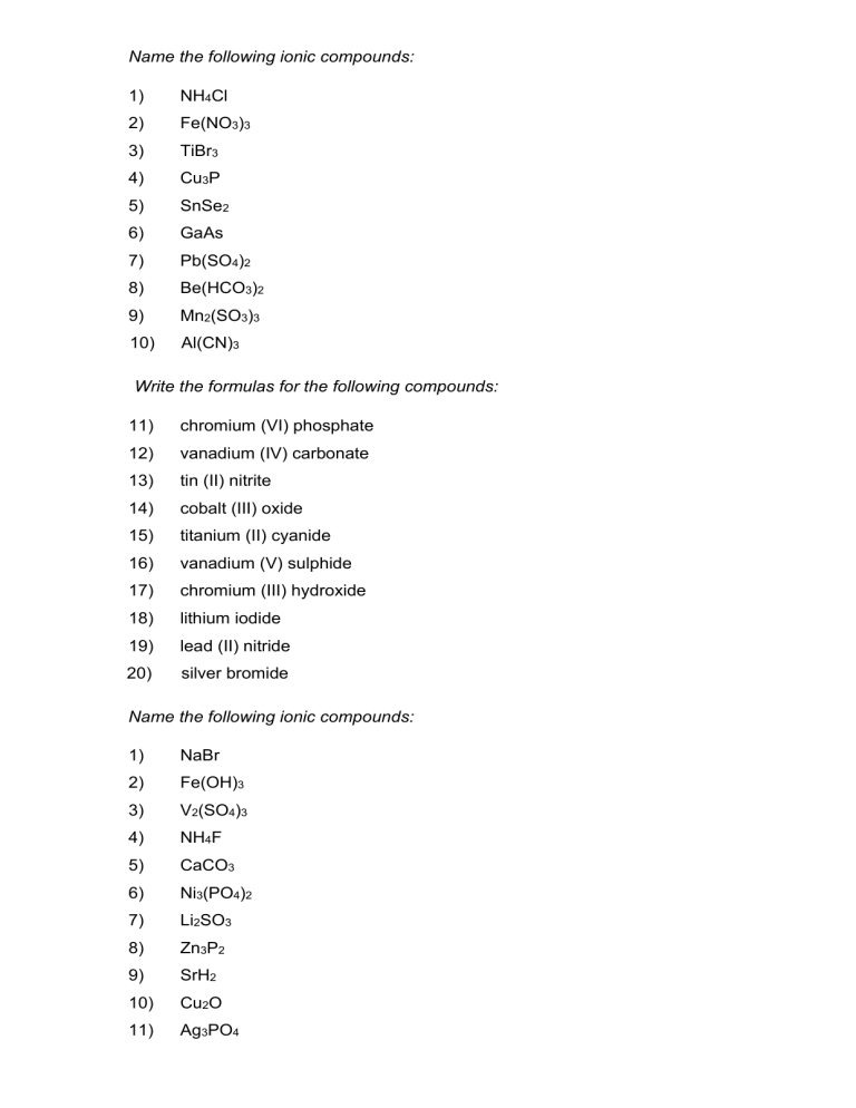 Ionic Compounds Naming And Formulas Worksheet