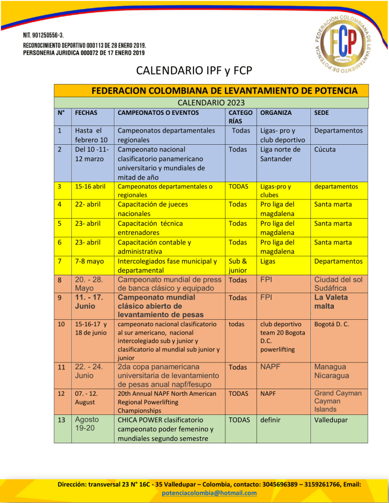 CALENDARIO NACIONAL 2023 IPF y FCP