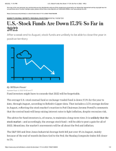 U.S.-Stock Funds Are Down 17.3 So Far in 2022 - WSJ