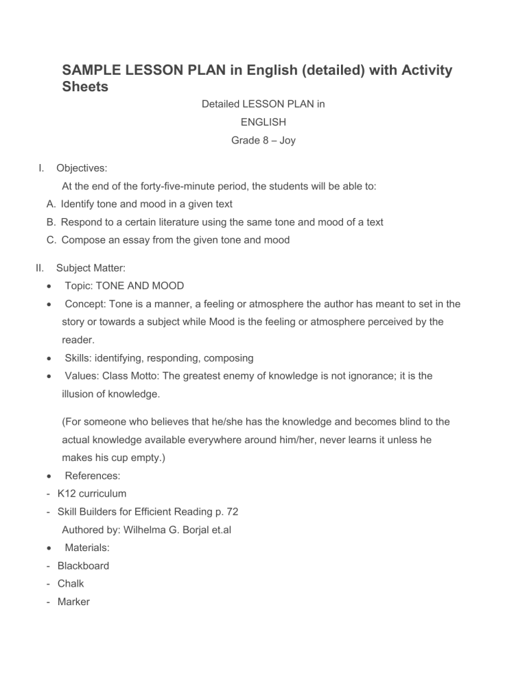 SAMPLE LESSON PLAN In English