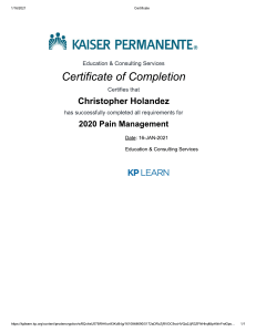 Certificate of Completion: 2020 Pain Management