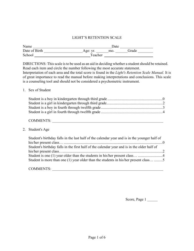 LIGHTS RETENTION SCALE