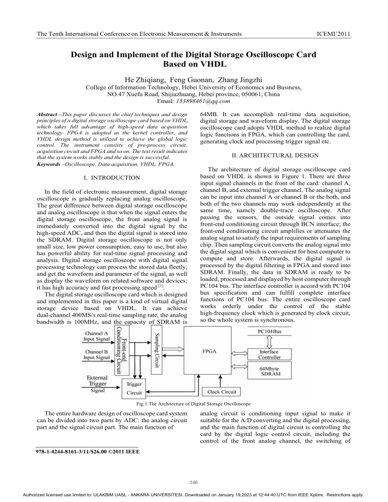 Design and implement of the digital storage oscilloscope card based on VHDL