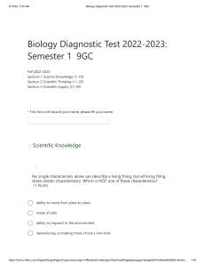 Biology Diagnostic Test 2022-2023  Semester 1
