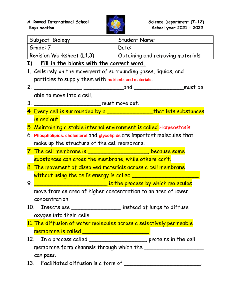 Grade 7 Worksheet ANSWERS