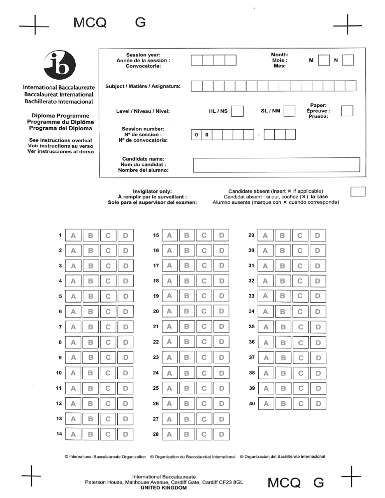 Answer Sheet Paper 1 Ib