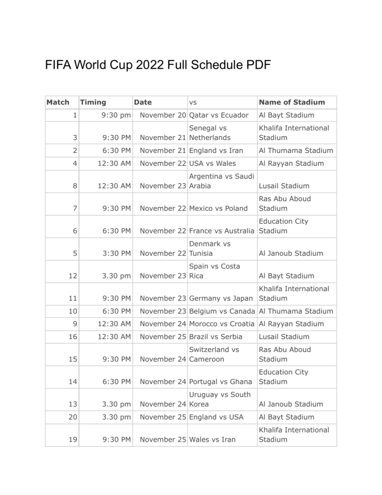 Fifa World Cup 2022 Full Schedule Pdf 1