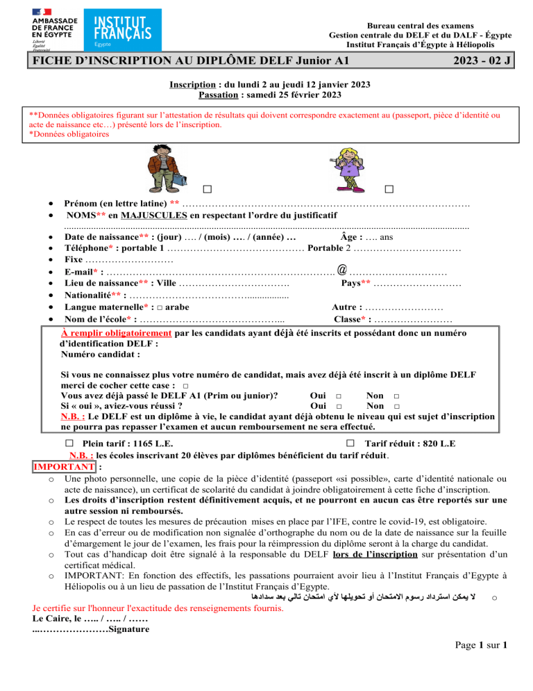 Fiches D Inscription DELF A1 Junior 2023 1 