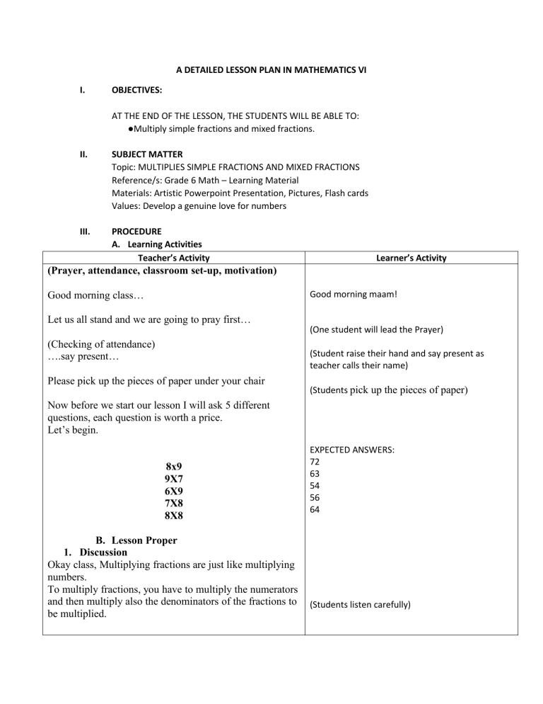 Math Lesson Plan Multiplying Fractions Grade 6