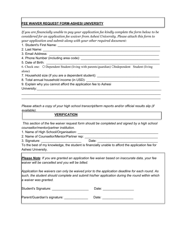 Ashesi University Fee Waiver Application Form