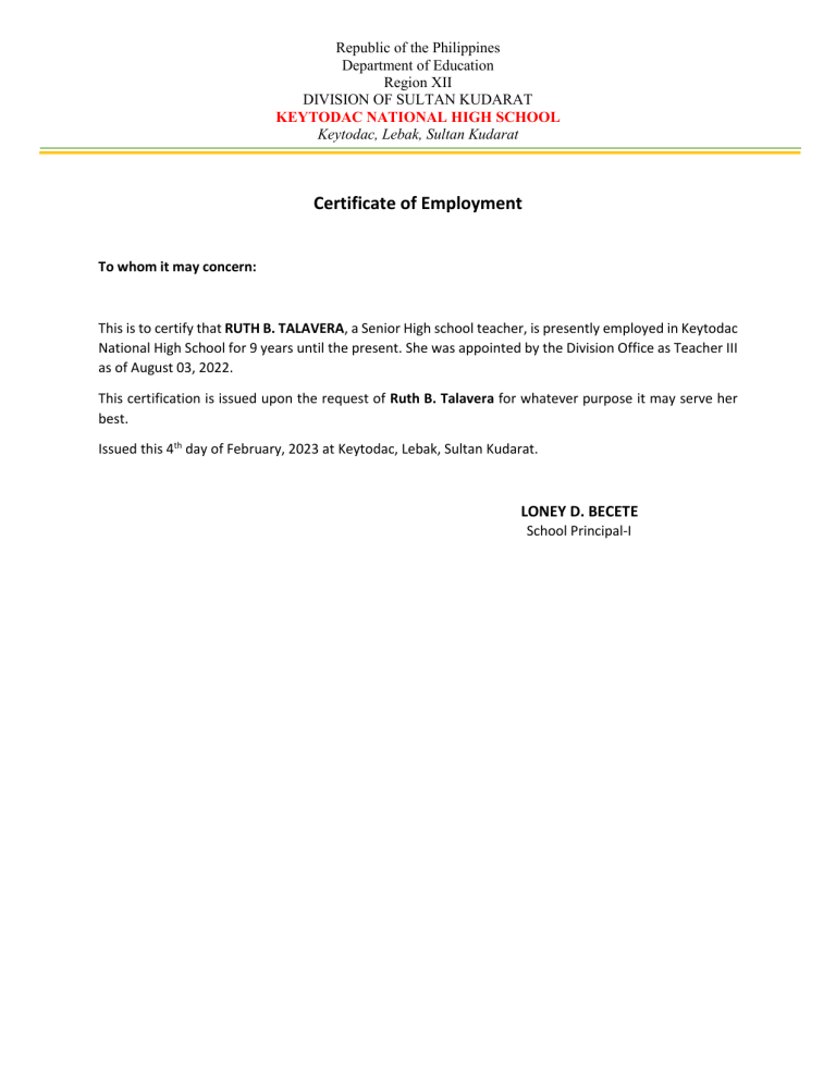 Certificate Of Employment