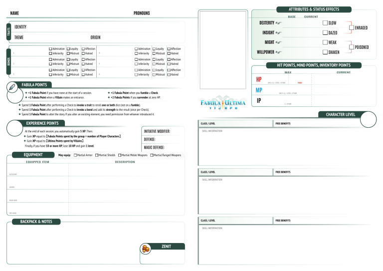 Fabula Ultima Character Sheet