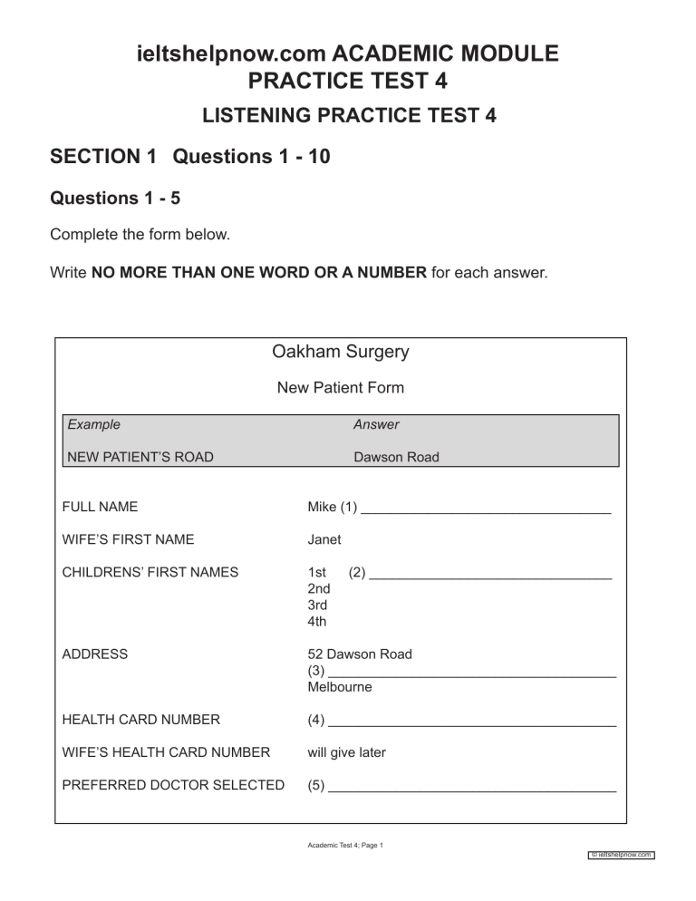 academic module practice test 4 listening