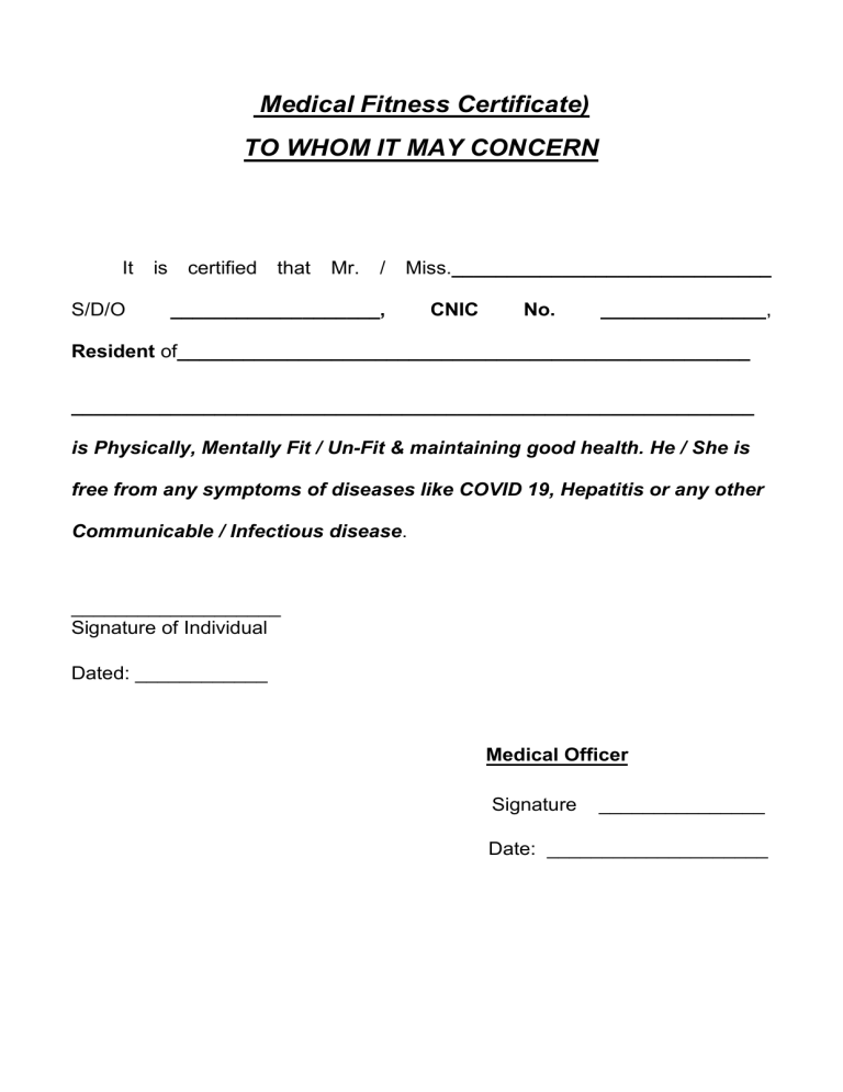 Medical Fitness Certificate