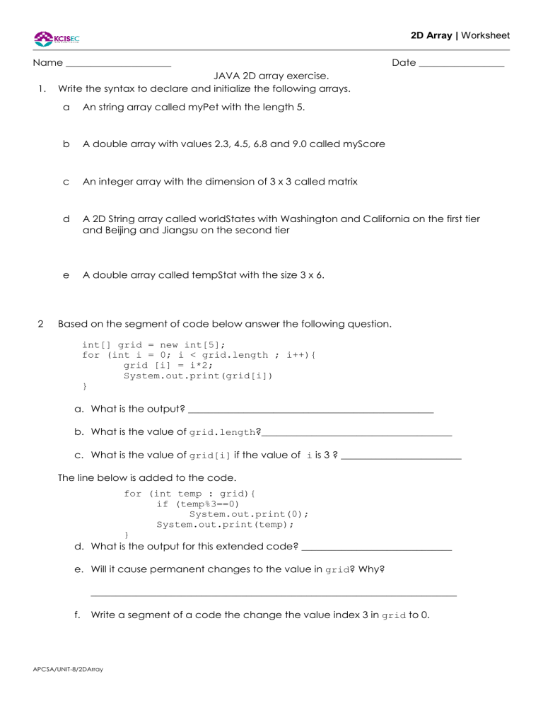 APCSA Unit 8 2D Array