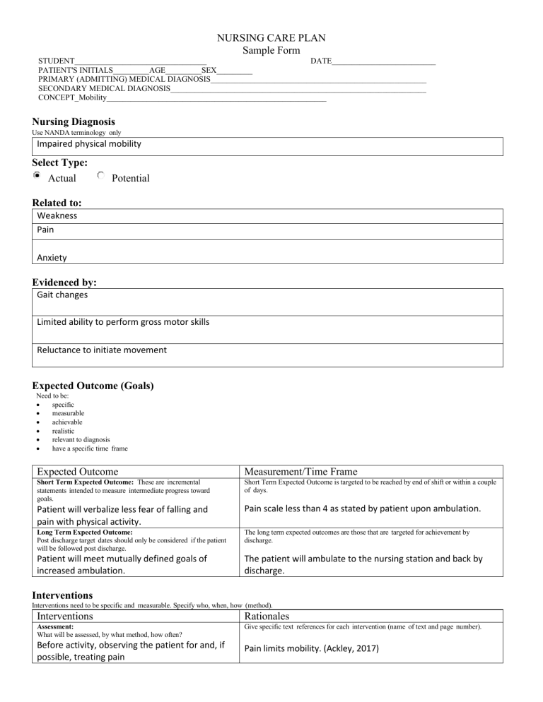 Nursing Care Plan Impaired Mobility Sample