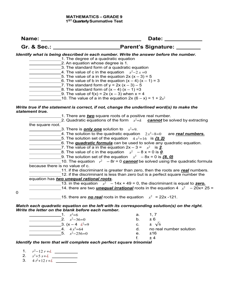 1st summative test grade 9