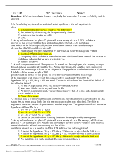 AP Statistics Test 10B: Hypothesis Testing & Confidence Intervals