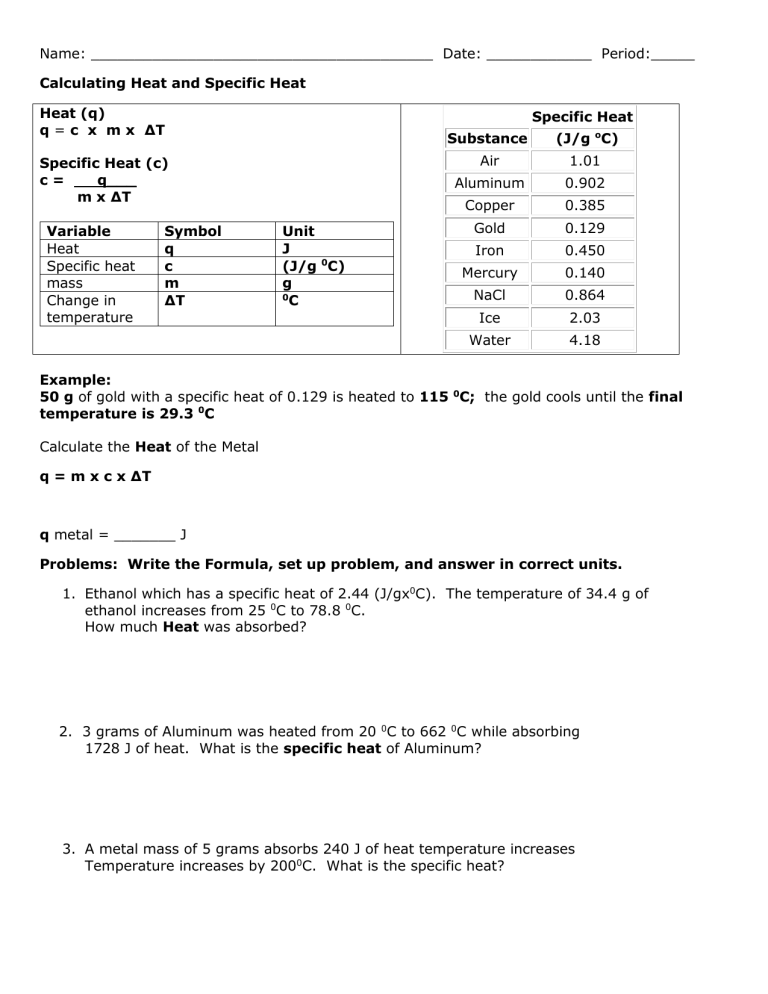 Calculating Specific Heat Worksheet