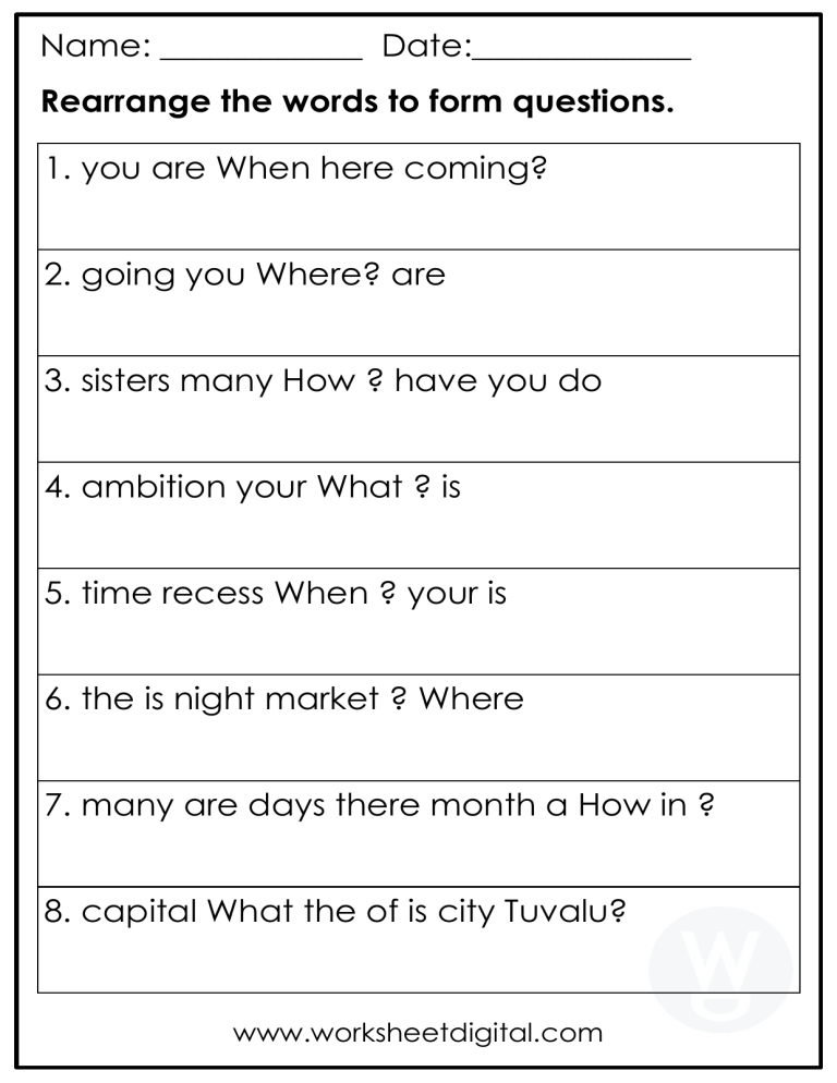 Rearrange Sentences For Class 3 With Answers