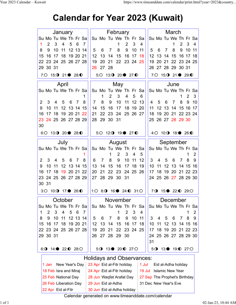 Year 2023 Calendar Kuwait