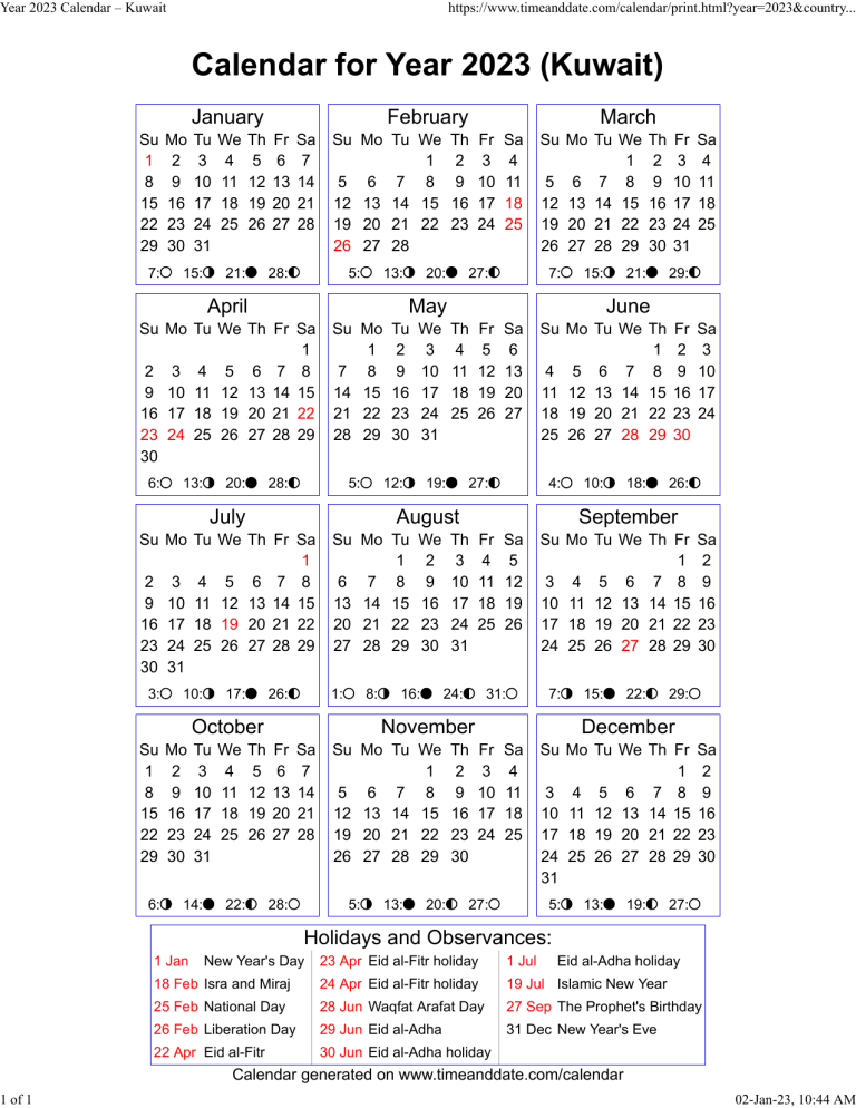 Year 2025 Calendar Kuwait