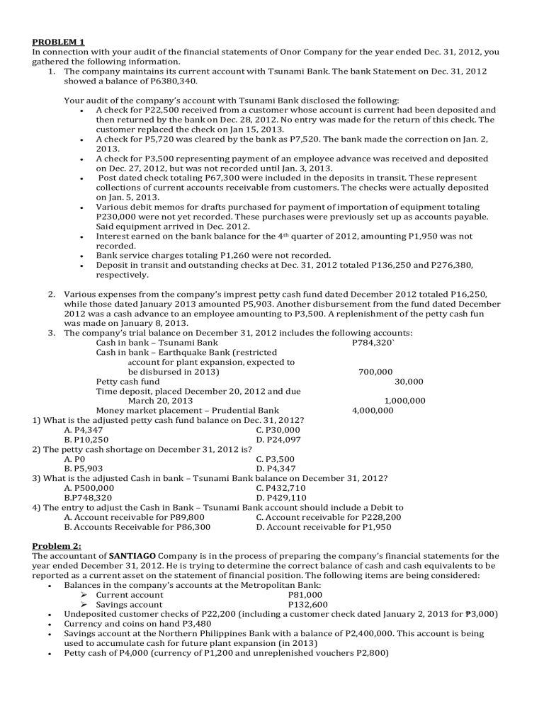 Problems On Bank Reconciliation